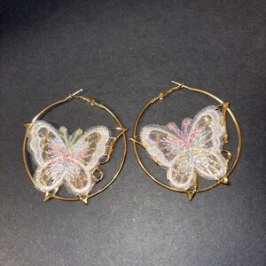 Gold Hoop Earrings with Multicolor Butterfly Accents